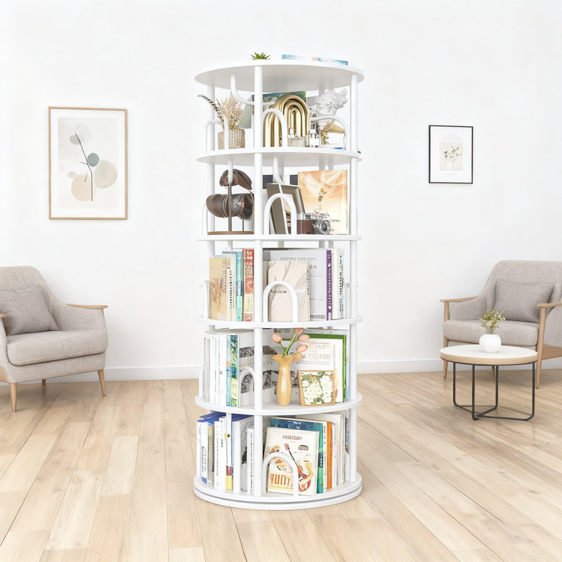 Tour de bibliothèque à 5 niveaux pivotant, bibliothèque rotative à 360 degrés avec conception ronde peu encombrante, organisateur de coin vertical pour livres, jouets et décoration intérieure