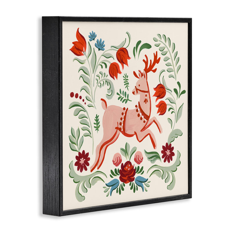 «Green Floral Reindeer», estampe numérique de Victoria Barnes, H 24 po x l 24 po, Giclée encadrée noir minuit