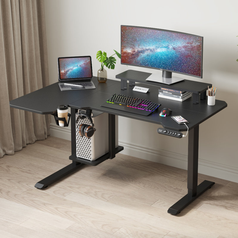 Bureau debout à hauteur réglable de 59 po en L avec tablettes, Noir