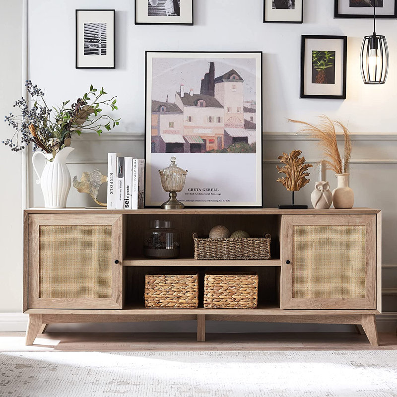 Linets Natural Rattan TV Stand,TV Console Table With Adjustable Shelves For TVs Up 75", Oak