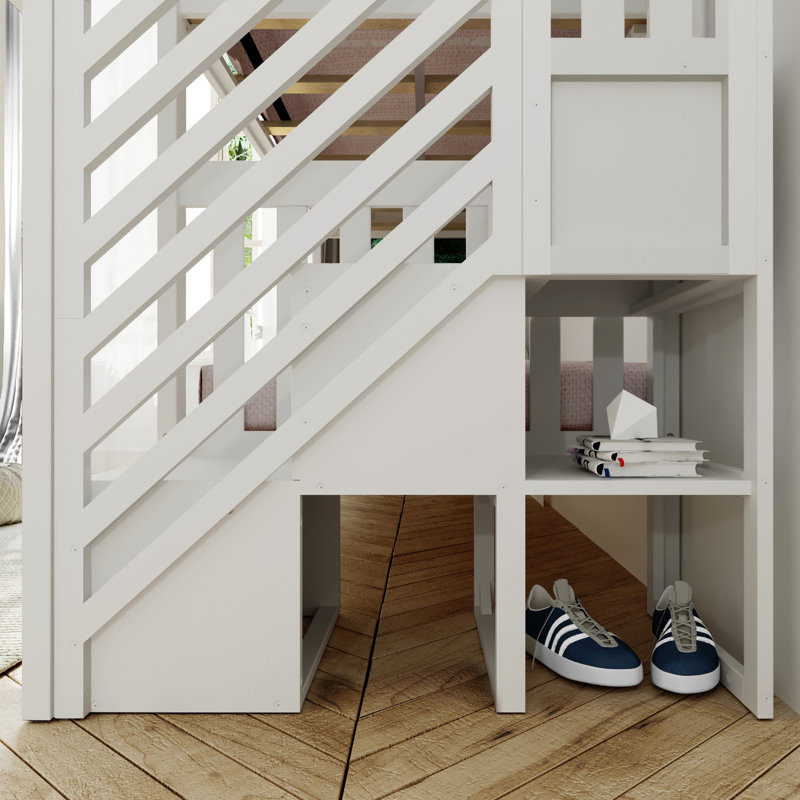  Bolles Solid Wood Standard Bunk Bed with Staircase, White, Twin over Twin