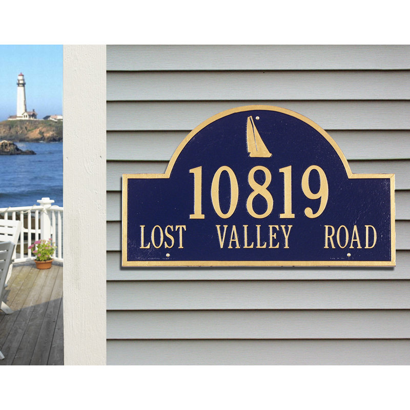 Nautical 2-Line Wall Address Plaque, Black/Gold, Yes