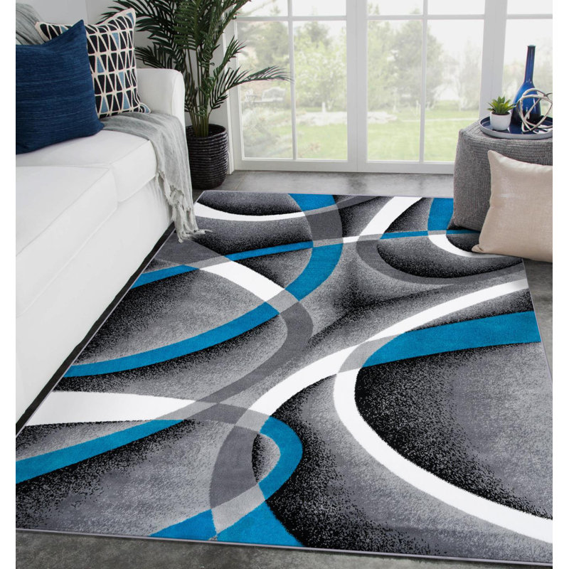 Tapis d'intérieur à motif abstrait turquoise / gris Arsenovic, Rectangle 6 pi 6 po x 9 pi 1 po