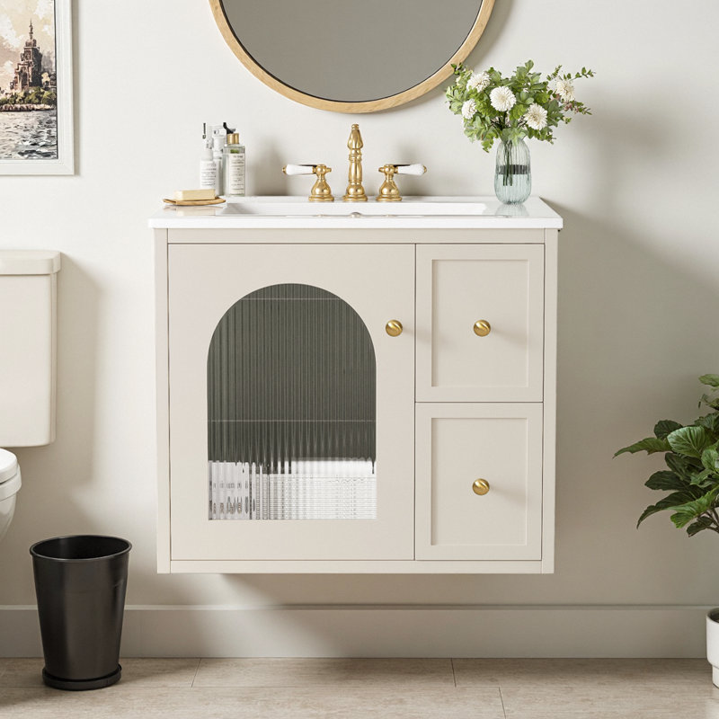 Meuble-lavabo mural 24 po avec lavabo et rangement en céramique, Beige