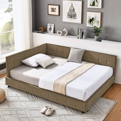 Lit double avec revêtement en velours doux et accoudoirs, pour le salon de la chambre à coucher, cadre brun de style Mid-Century durable et confortable