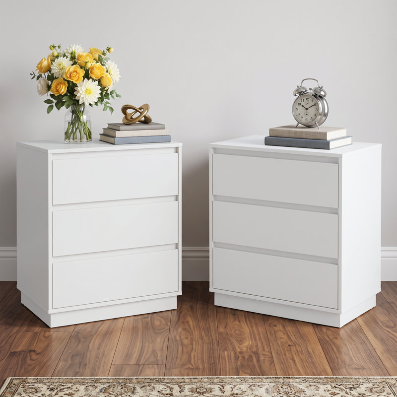 Table de chevet en bois l 23,6 po avec 3 tiroirs, ensemble de 2, Blanc
