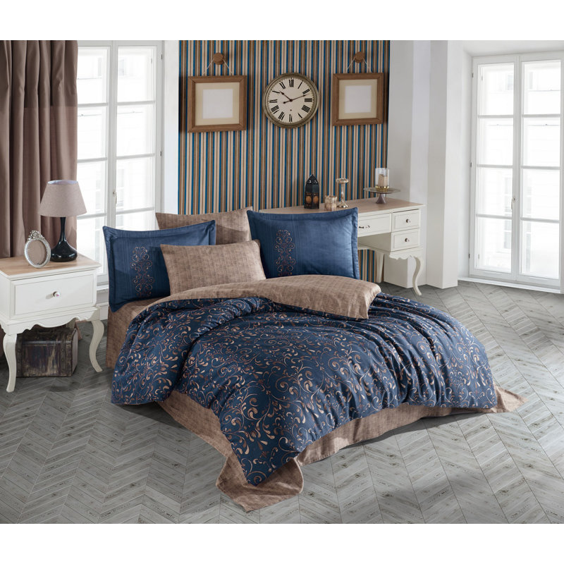 Luxurious Satin Double Quilt Cover Set, 100% Cotton, Gold & Dark Blue | Duvet Cover: 78.7 x 86.6 in, Flat Sheet: 94.5 x 102.4 in, 4 Pillowcases: 19.7 x 27.6 in | 210 Thread Count, Machine Washable, Elegant Bedroom Decor