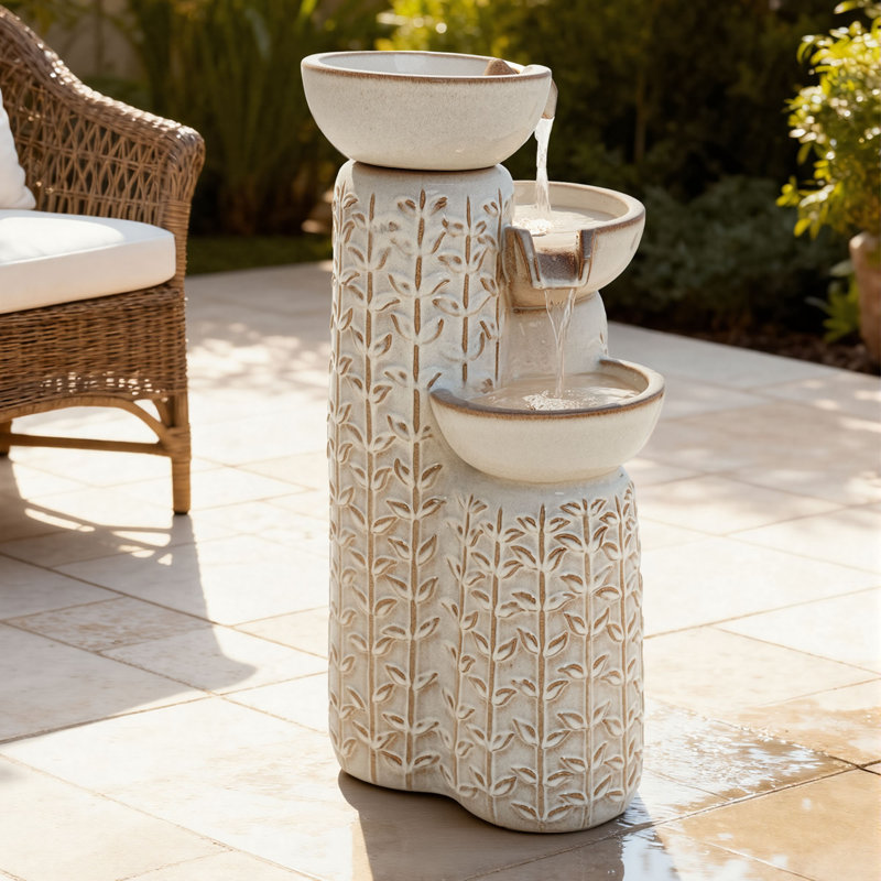 28" Ceramic Outdoor Water Fountain with LED Lights, Cascading Waterfall & 3-Tier Embossed Leaf Pattern Bowls in Beige Glaze for Garden Patio Yard Porch Relaxation