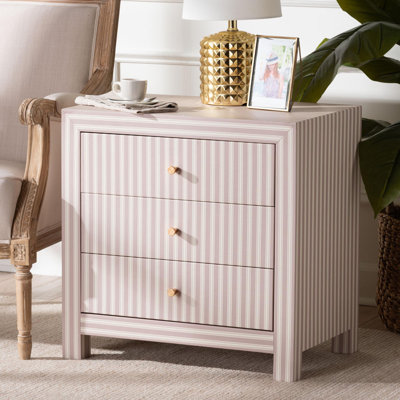Table de bout Baxton Studio Javianne avec similicuir rayé - armoire de rangement à 3 tiroirs avec boutons dorés