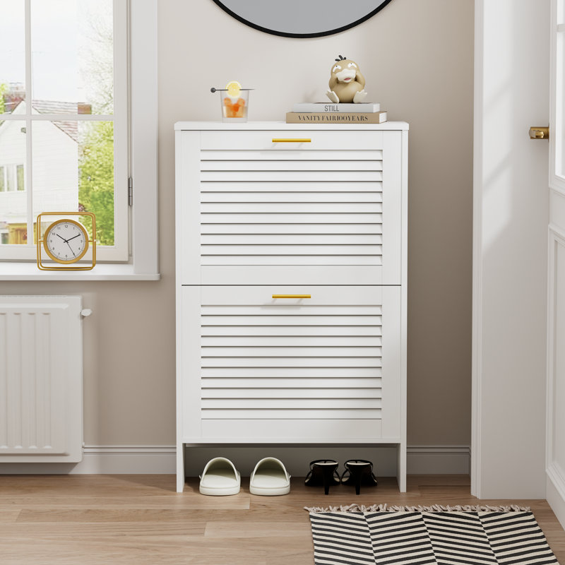 Shoe Storage Cabinet With 2 Flip Drawers, Freestanding Narrow Shoe Rack Organizer With Louvered Doors, Shoe Cabinet For Entryway