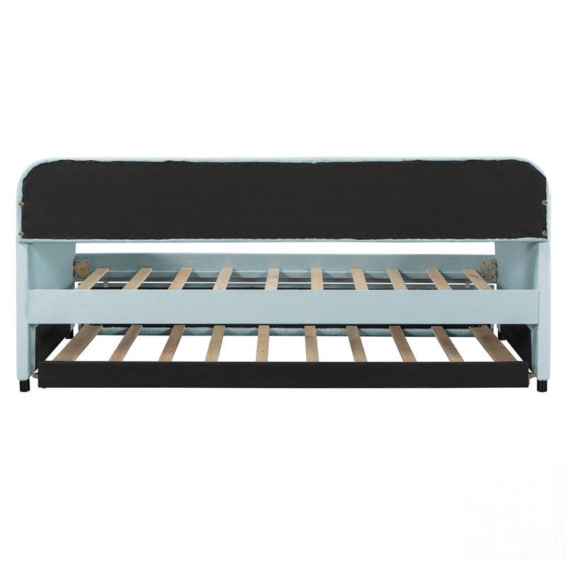 Elegant Velvet Upholstered Daybed with Trundle and Wood Slat Support, Perfect for Small Spaces and Versatile Use, Light Blue