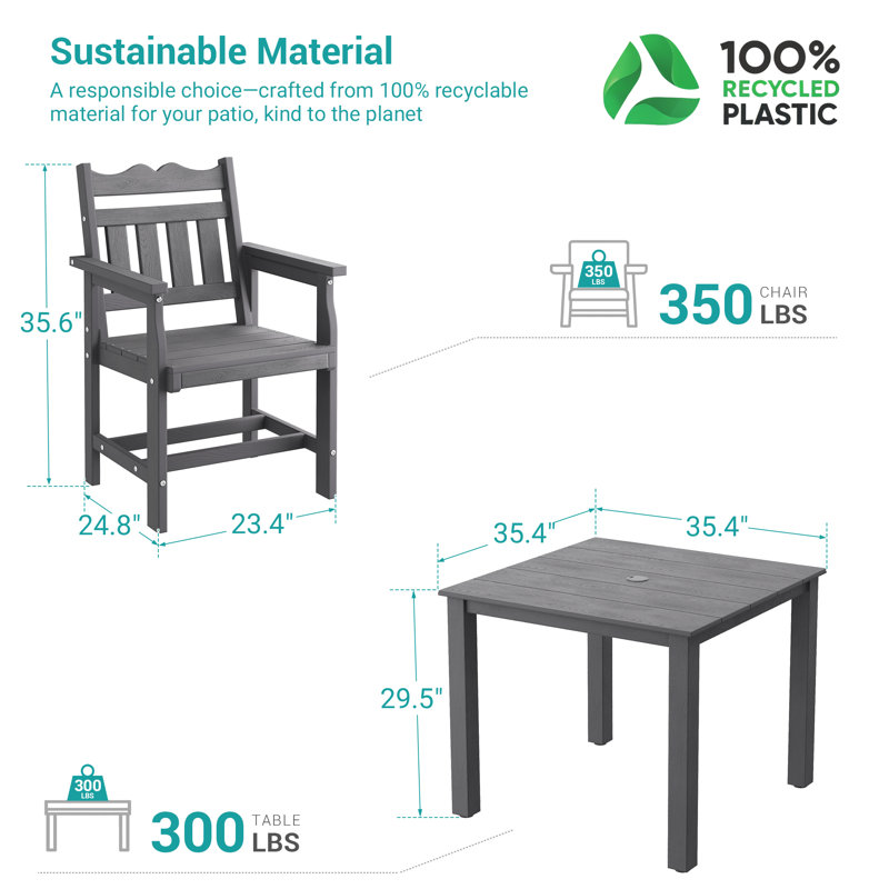 5 PCS Outdoor HIPS Dining Set, All-Weather Patio Table and Chairs W/ Umbrella Hole, Low Maintenance for Porch, Backyard, Gray