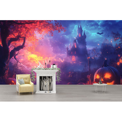 Papier peint d'Halloween - Décoration murale colorée de château d'Halloween - Spooky Kids Room