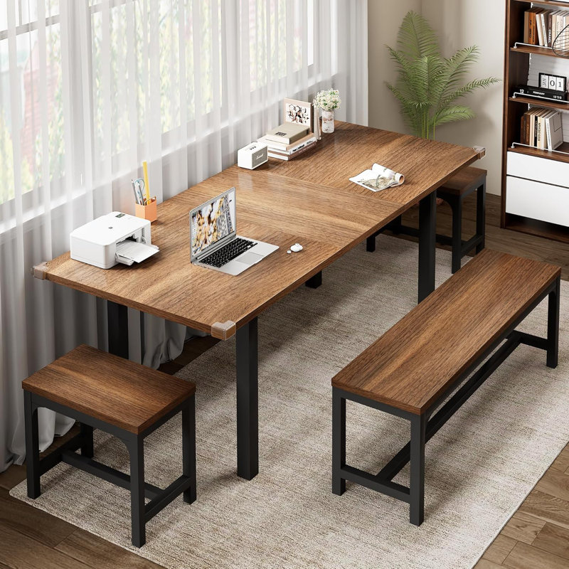 Ensemble de table de salle à manger 5 pièces pour 4 à 8 personnes, table de cuisine extensible de 63 po avec 2 bancs et 2 tabourets carrés, table de salle à manger en bois de style Mid-Century moderne, peu encombrante