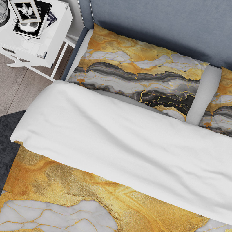 Ensemble de housse de couette en marbre abstrait doré et gris, Housse de couette simple + 1 taie décorative stan