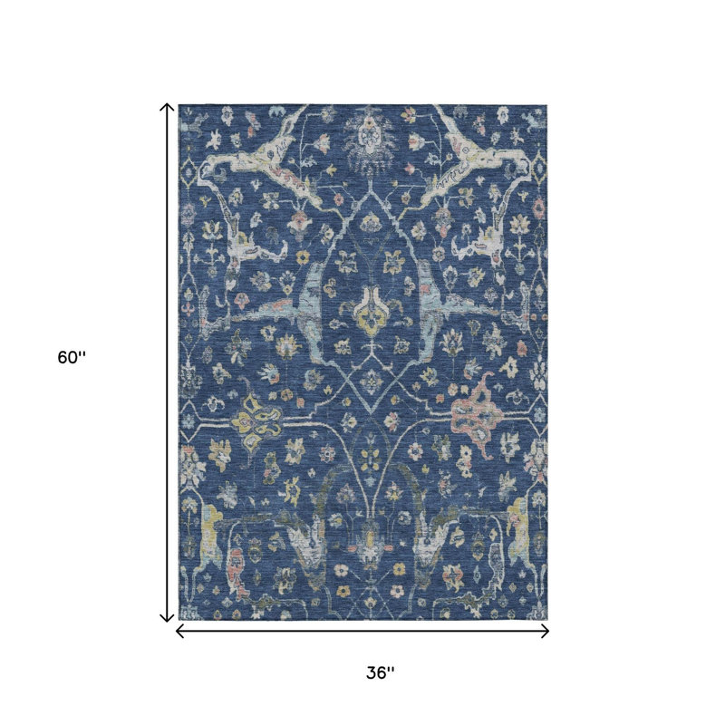 Tapis intérieur/extérieur lavable, 90 x 150 cm, bleu marine, or et ivoire à motifs floraux
