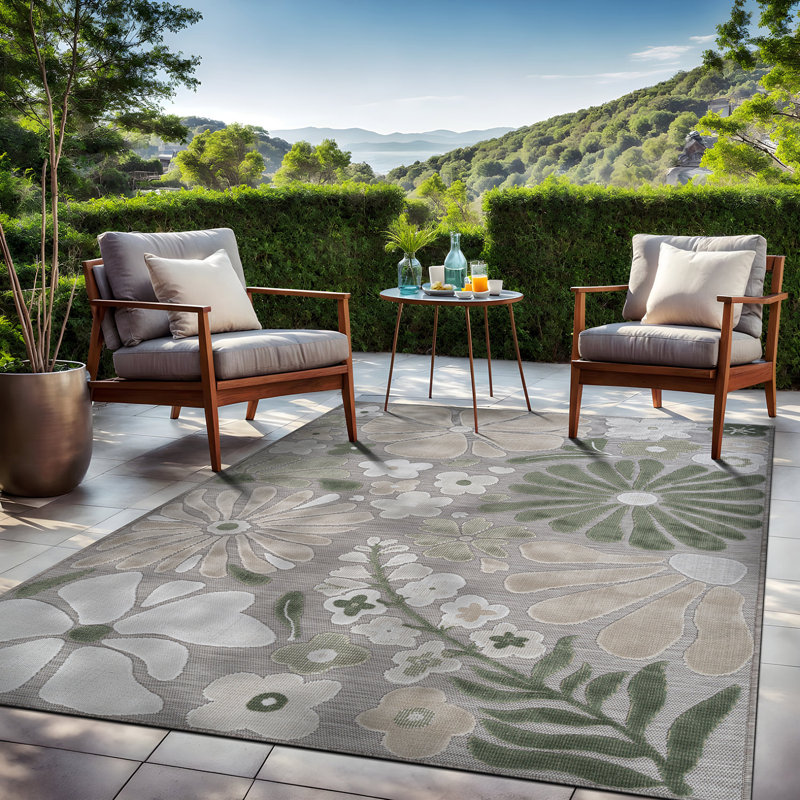 Tapis floral d'intérieur pour l'extérieur, Green, Rectangle 10' x 14'