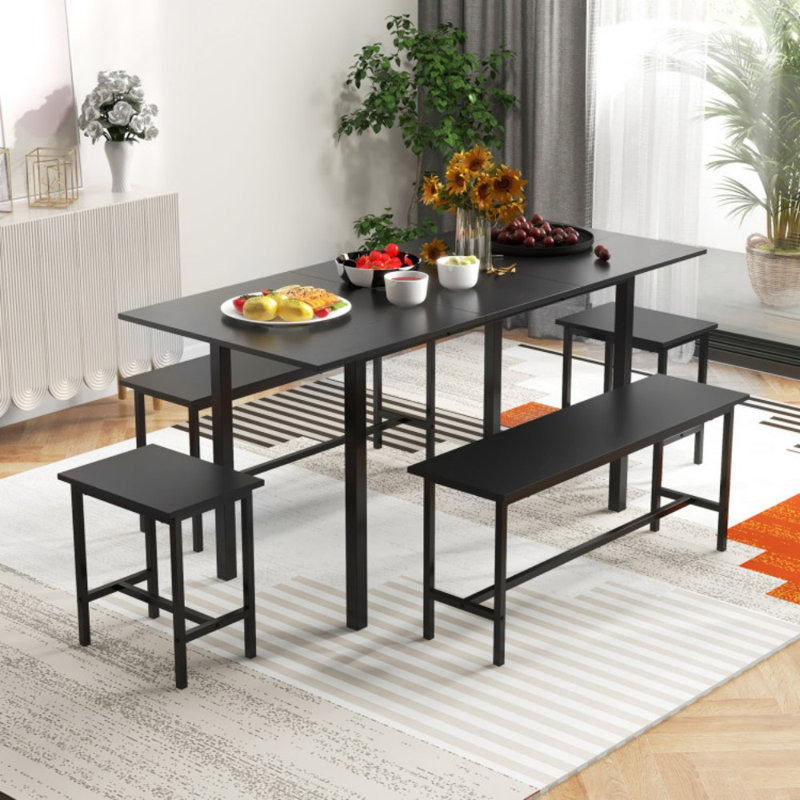 5 Piece Dining Table Set for 4-6 with 2 Benches & 2 Stools for Kitchen Dining Room, Black, Black