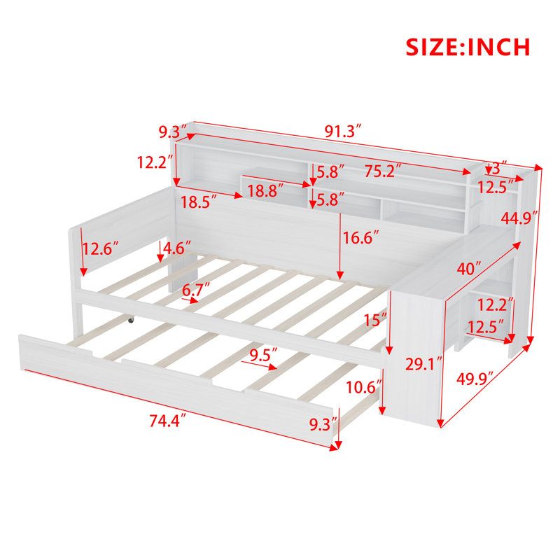 Lit de jour simple en bois avec tablettes de rangement, lit multifonctionnel avec lit gigogne simple et bureau, Blanc