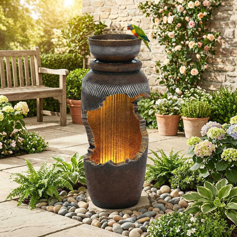 Bowl Water Fountain with LED Light and Planter Top, Modern Cascading Flow Fountain for Garden, Yard, Patio, Home Decor