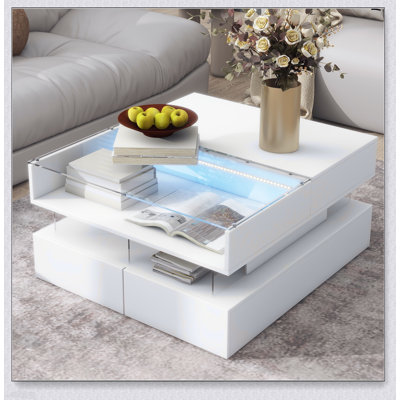 Table basse à plateau relevable avec 2 tiroirs, conception carrée moderne, finition ultrabrillante et lumières DEL pour le salon
