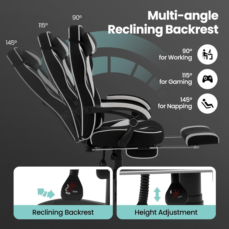 Inbox Zero Adjustable Reclining Ergonomic Swiveling PC & Racing Game Chair with Footrest in Black