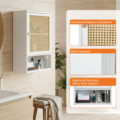 Armoire de salle de bain murale en bois blanc avec portes tissées en rotin, tablettes réglables à 3 niveaux pour le rangement au-dessus de la toilette dans les petites salles de bain, les buanderies et les espaces de vie