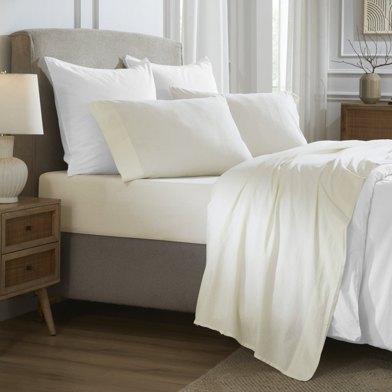Carmen 100% Cotton Vintage Wash Boho Solid Deep Pocket Lightweight Percale Sheet Set, King 4pc Sheet Set, Ivory