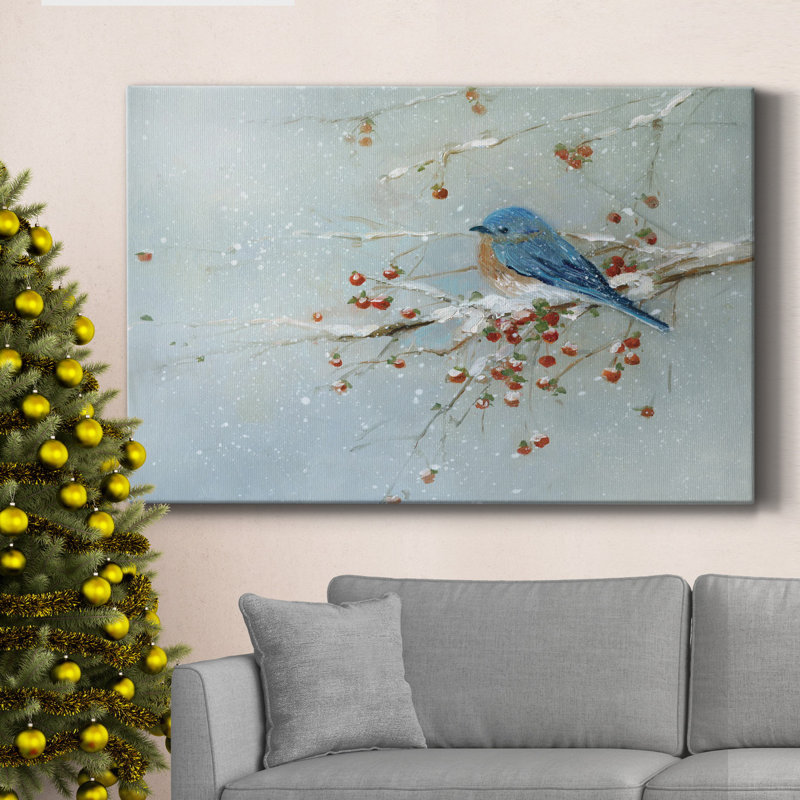 Oiseau bleu en hiver, toile tendue avec châssis de qualité supérieure - prête à être accrochée, H 60 po x l 40 po x P 1 po