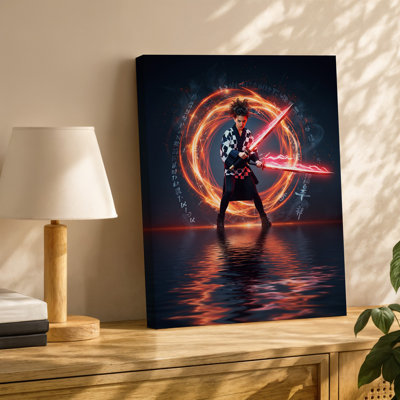 Canvas A Dynamic Fantasy Scene Featuring A Young Warrior Poised Dramatically Wall Art In A Battle Stance Wielding A Glowing Sword That Canvas Wall Art