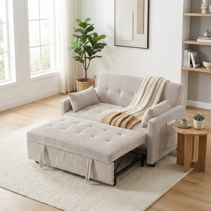 53" Corduroy Convertible Sleeper Loveseat with Pull-Out Bed, Adjustable Backrest, USB Ports & Side Pockets for Small Spaces