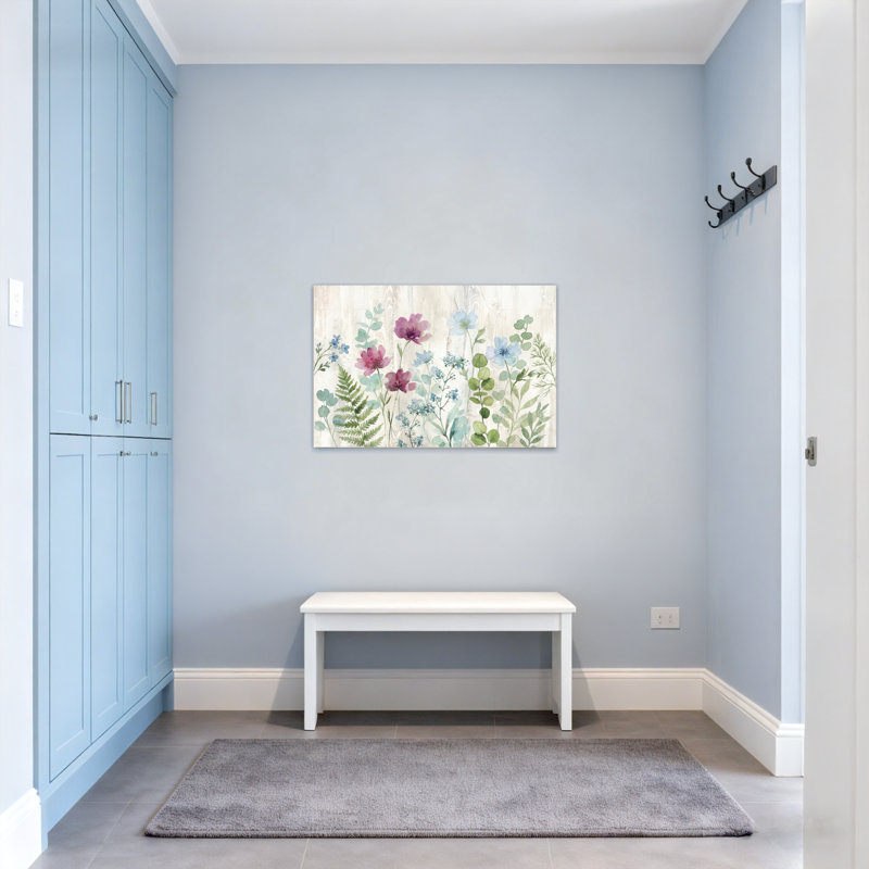 Plantes et fleurs, aquarelle florale, motif de fond en bois, H 32 po x l 48 po