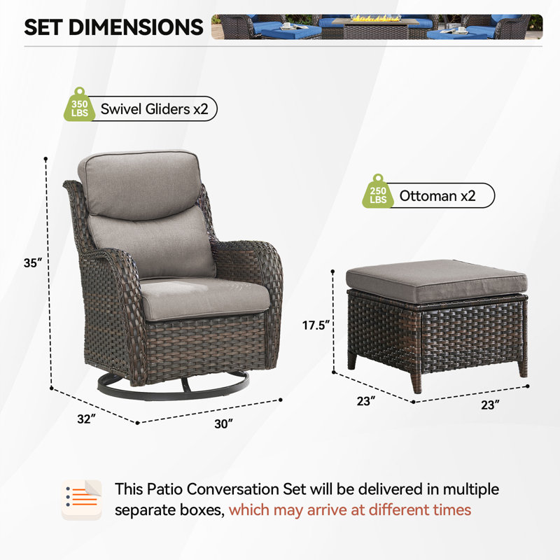 Smile Outdoor Patio PE Wicker 2-Person Seating Group With 5" Thickness Cushions And Ottomans, Brown, Gray