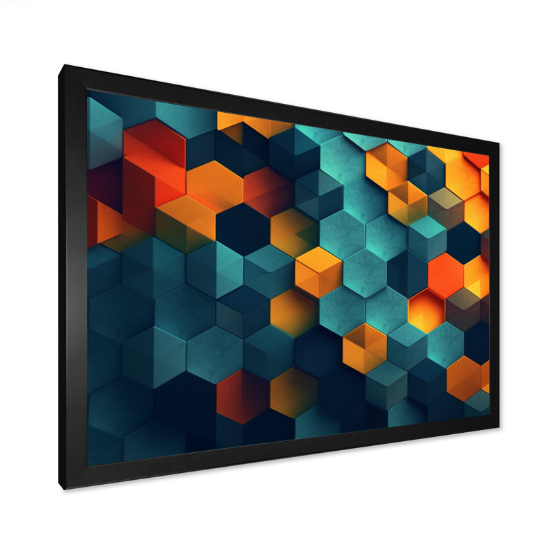 Abstractions géométriques orange et turquoise, reproduction sur toile, Cadre simple noir, H 24 po x l 32 po x P 1 po