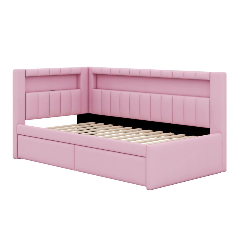 Platform Bed With USB Ports And LED Belt, Upholstered Bed Frame With Trundle, No Box Spring Needed, Twin, Pink