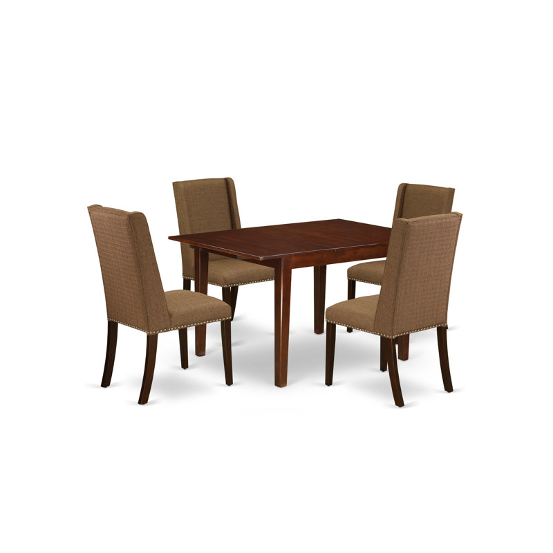 5 Piece Dining Room Table Set Includes a Rectangle Kitchen Table with Butterfly Leaf and 4 Brown Linen Fabric Parson Chairs, Mahogany