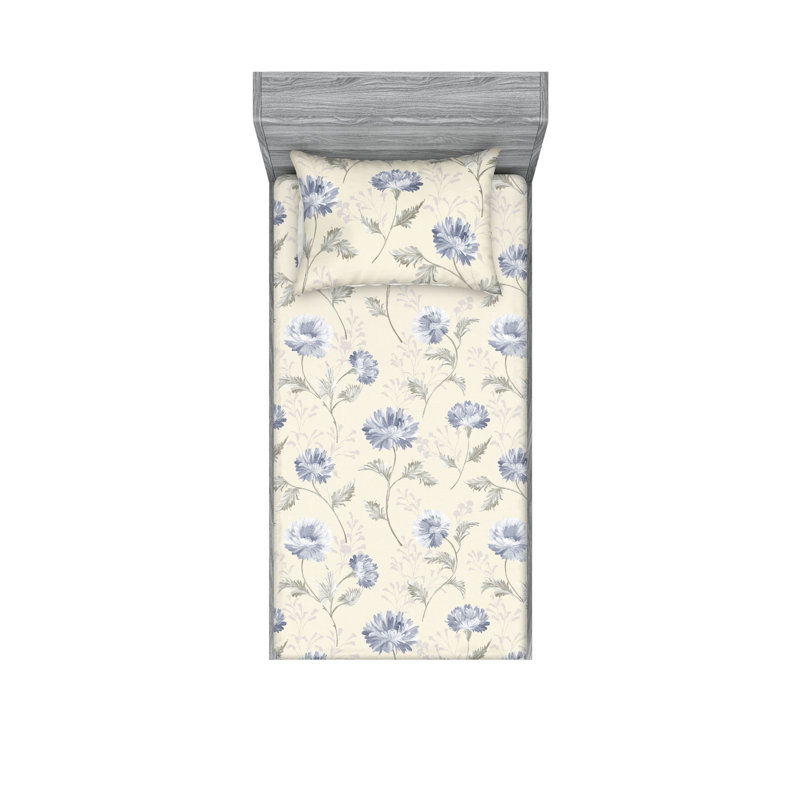 Drap-housse et taies décoratives 3 pièces Ambesonne, Bleu ciel pâle, gris pâle / floral 1