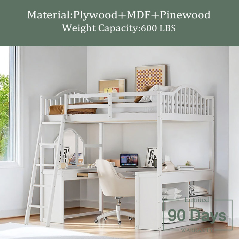 Lit mezzanine double en bois avec bureau en U, compartiments de rangement et miroir à trois volets, Blanc