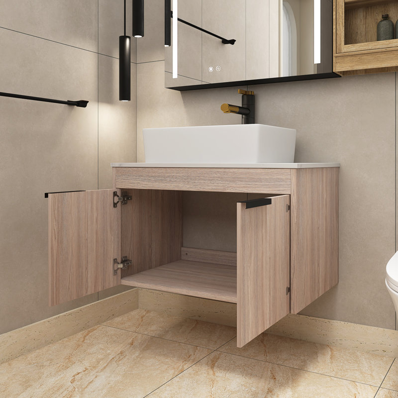 Meuble-lavabo simple 30 po avec lavabo en céramique et plateau en pierre blanche Russon