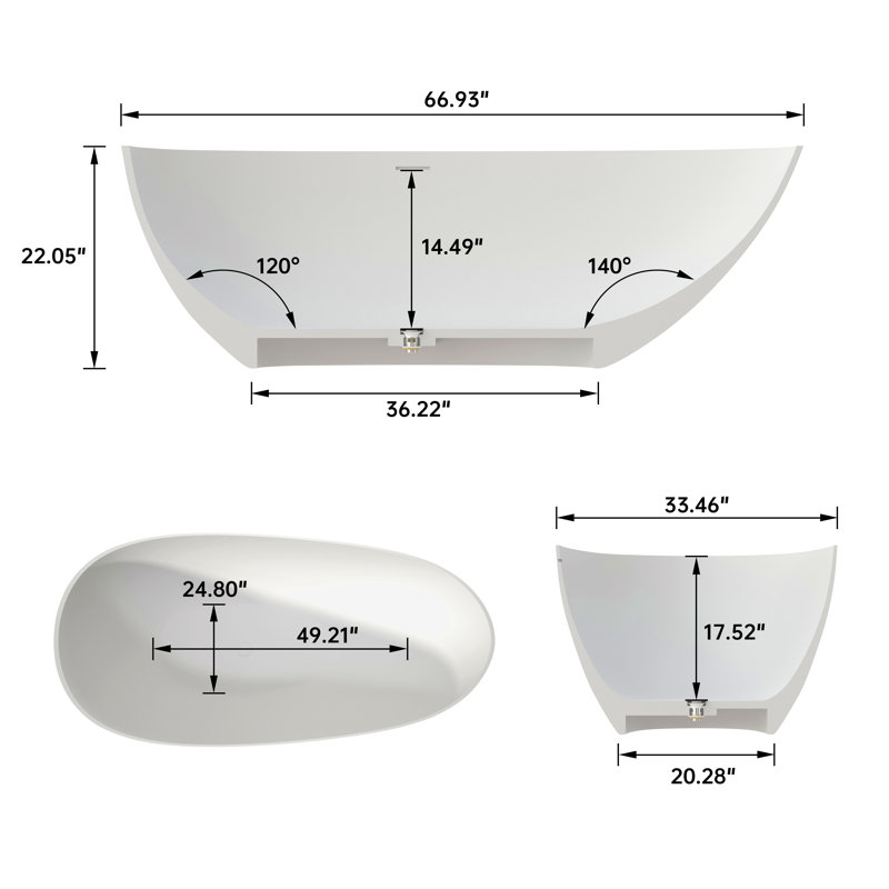Baignoire profonde de 67 po à surface solide de qualité supérieure, Blanc