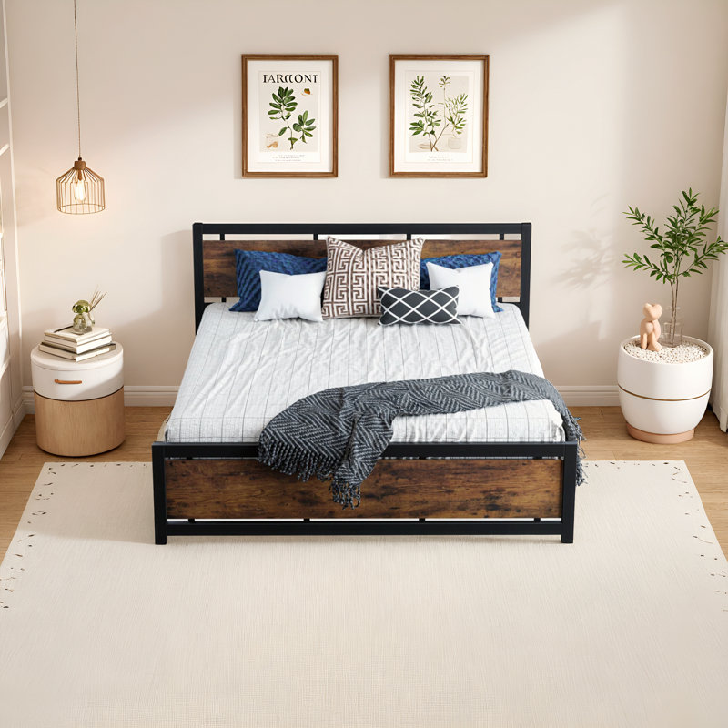 King Size Platform Bed Frame with Under Bed Storage , Vintage Brown, King