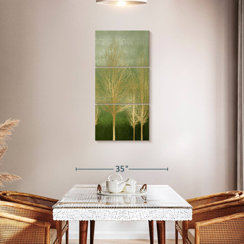 Arbres dorés sur panneau I, H 44 po x l 21 po