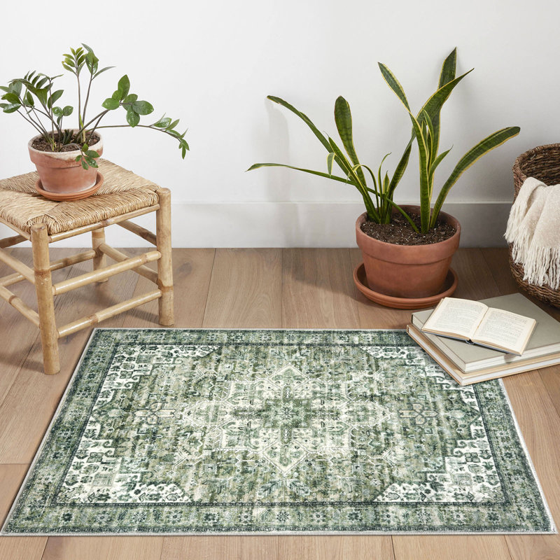 Washable Oriental  Area Rugs Non slip Green Rugs, Rectangle 2' x 3'