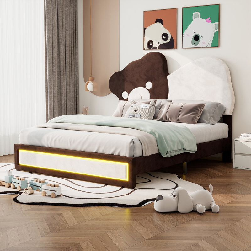 Lit plateforme tapissier avec tête de lit en forme d'ours, bandes lumineuses à DEL