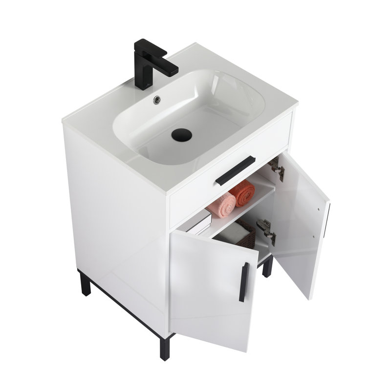 Meuble-lavabo autoportant de 24 po avec lavabo - Armoire en bois massif, portes à fermeture douce et rangement réglable pour les petites salles de bain