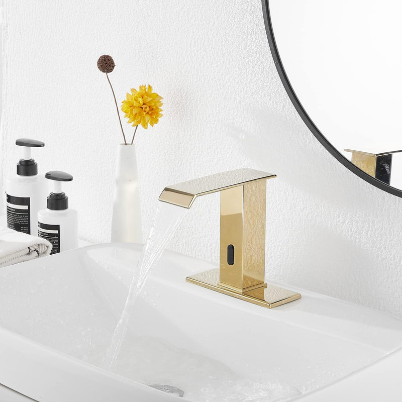 Auto-P-3007-Gold Automatic Sensor Polished Gold Touchless Bathroom Sink Faucet With Drain Assembly, Polished Gold