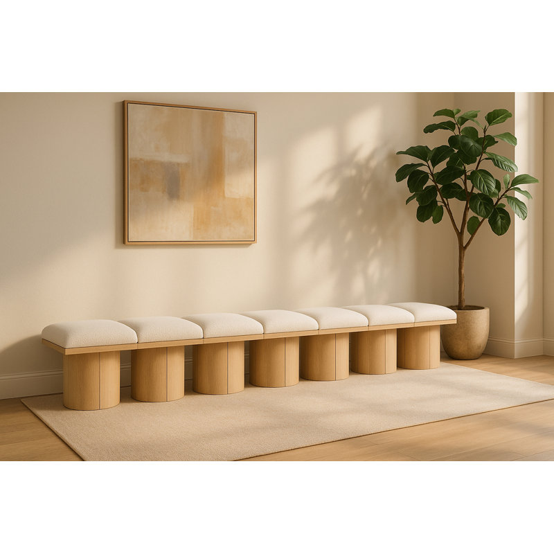 Banc rembourré Horatia, Tissu crème bouclé, Naturel, H 17,5 po x l 126 po x P 15,5 po