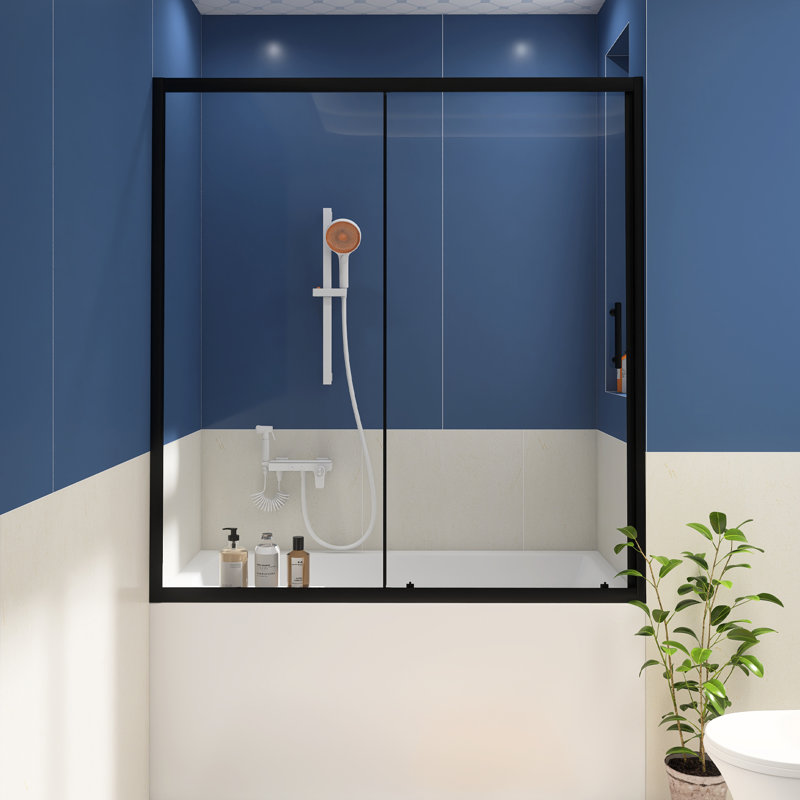 60.In W X 62.In H Single Sliding Shower Door For Bathtub, 1/5 Inch Thick Clear Tempered Glass Shower Door In Black, Black
