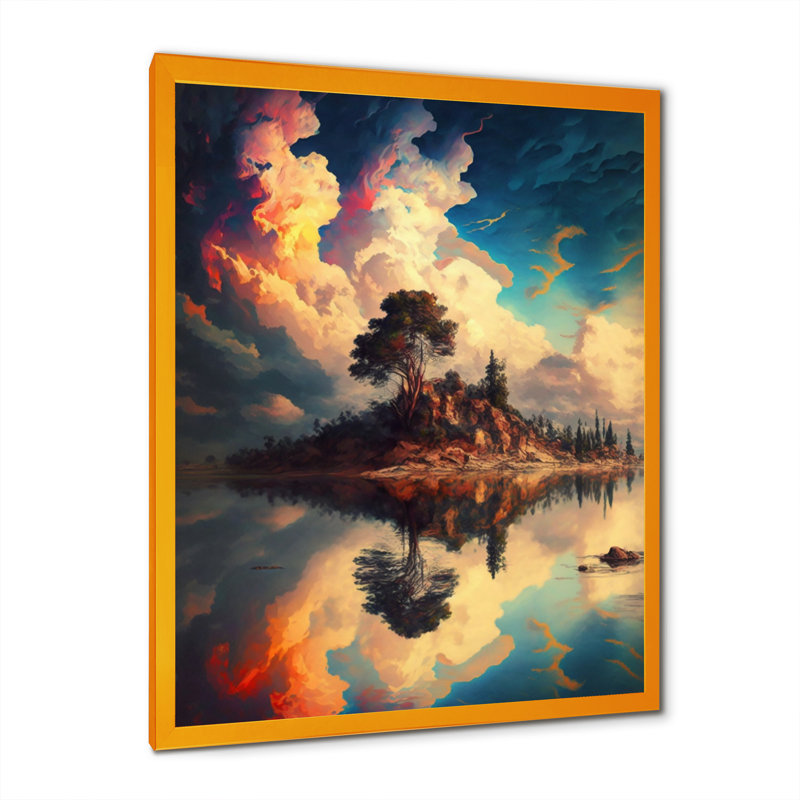 «Single Tree on a Little Island Under a Vibrant Sky», reproduction sur toile, H 32 po x l 24 po x P 1 po, Encadrement doré