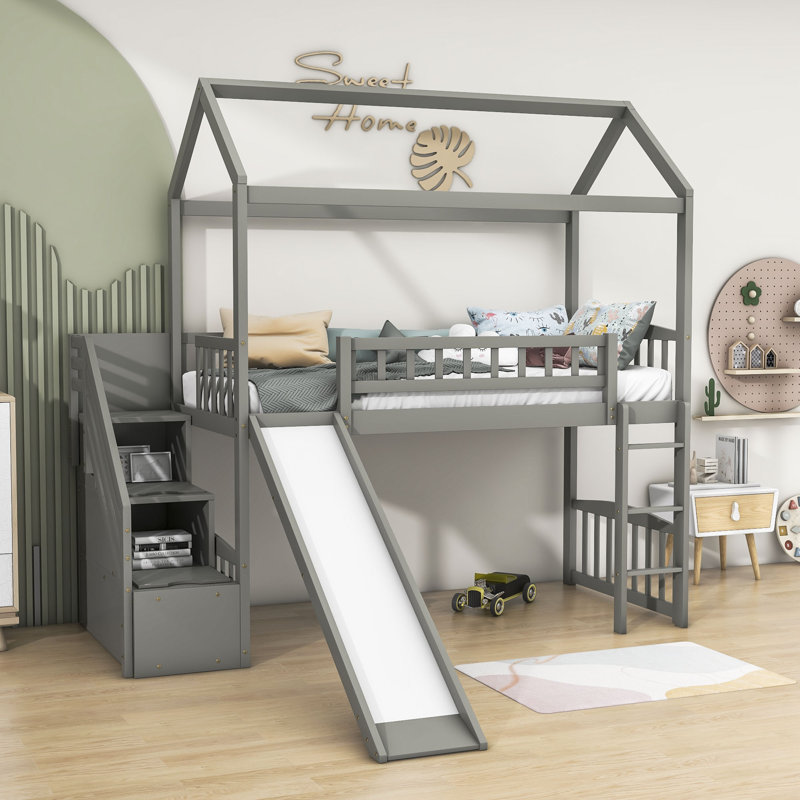 Twin Size Wooden Loft Bed with Slide and Storage, Gray